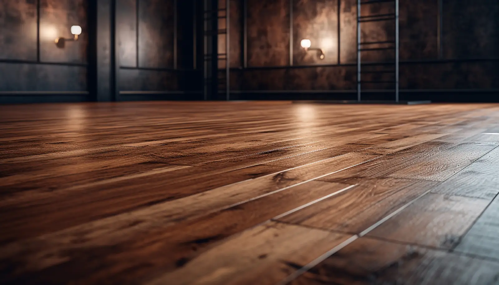 Wide-plank dark hardwood floor in a modern interior