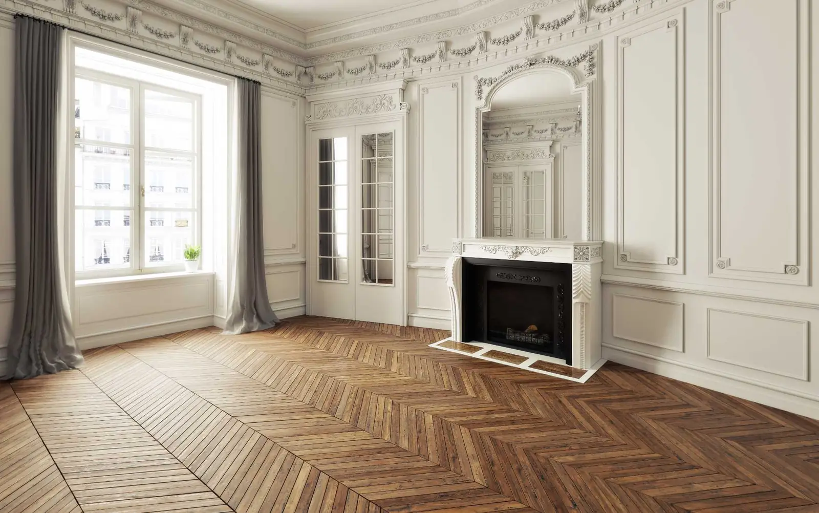 Bright residential living room with restored hardwood floor